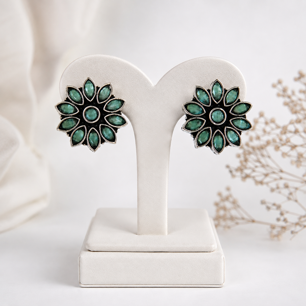 Emerald Green Floral Oxidised Silver Stud Earrings