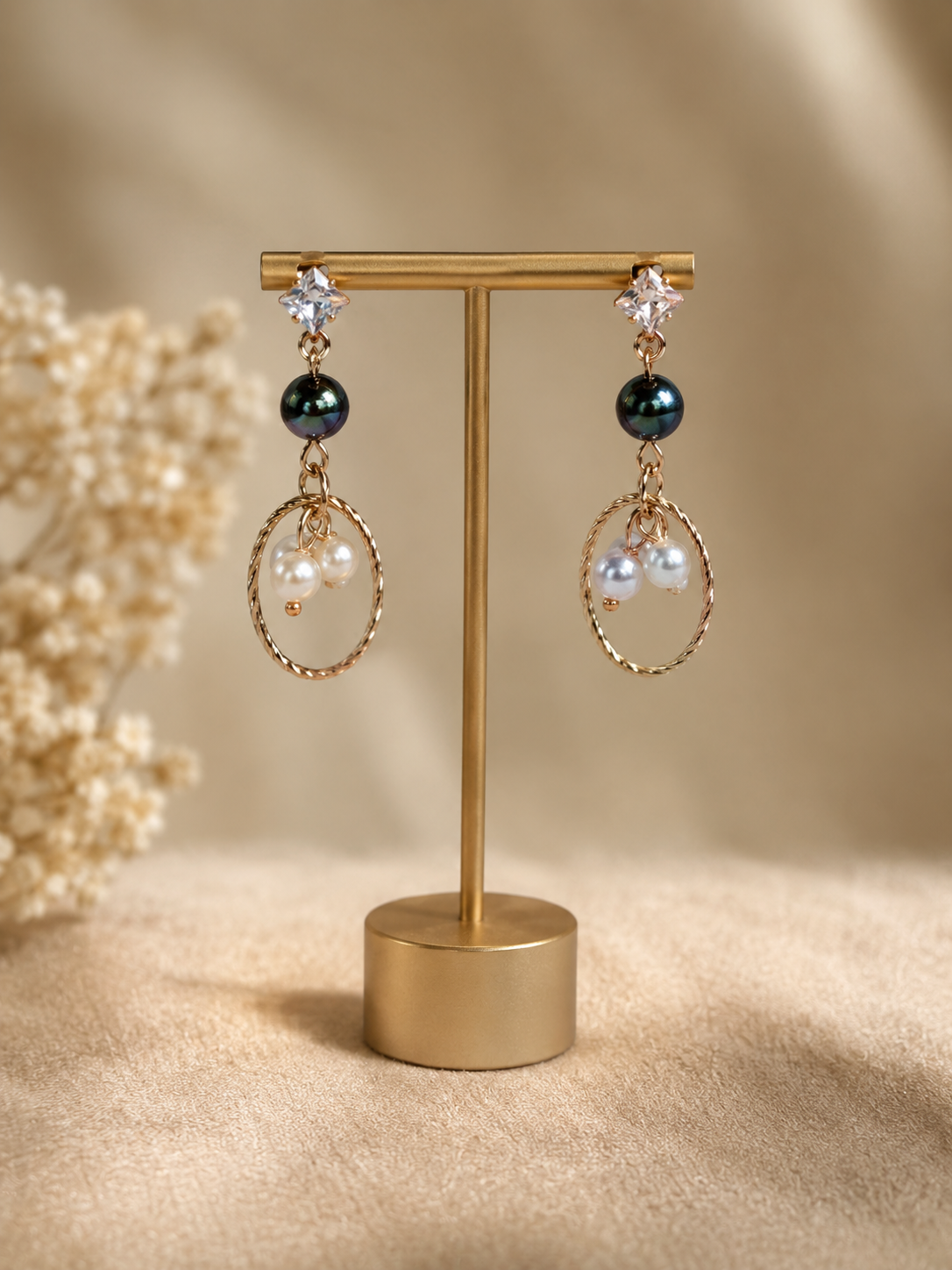 Elegant Black Pearl & Crystal Rose Gold Drop Earrings
