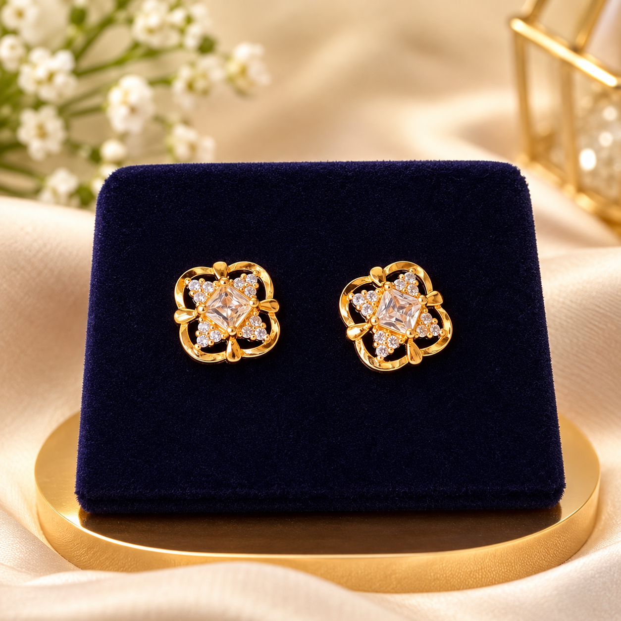 Luxury Gold-Plated Floral Stud Earrings with Crystal Stone