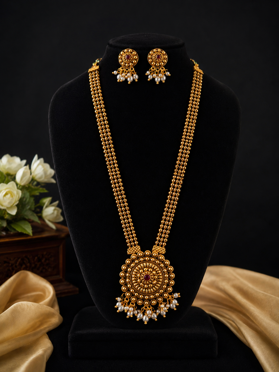 Antique Gold-Tone Long Haram Necklace Set with Pearl Drops & Matching Earrings