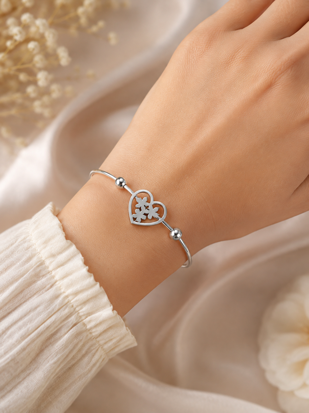 Silver Heart Charm Adjustable Bracelet for Women