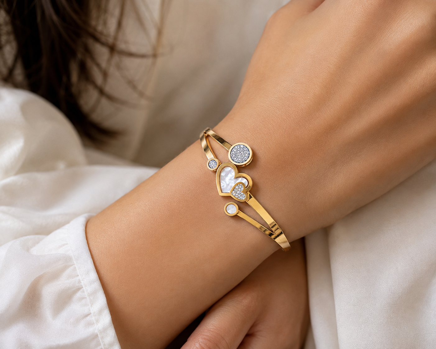 Golden Double Heart Open Cuff Bracelet