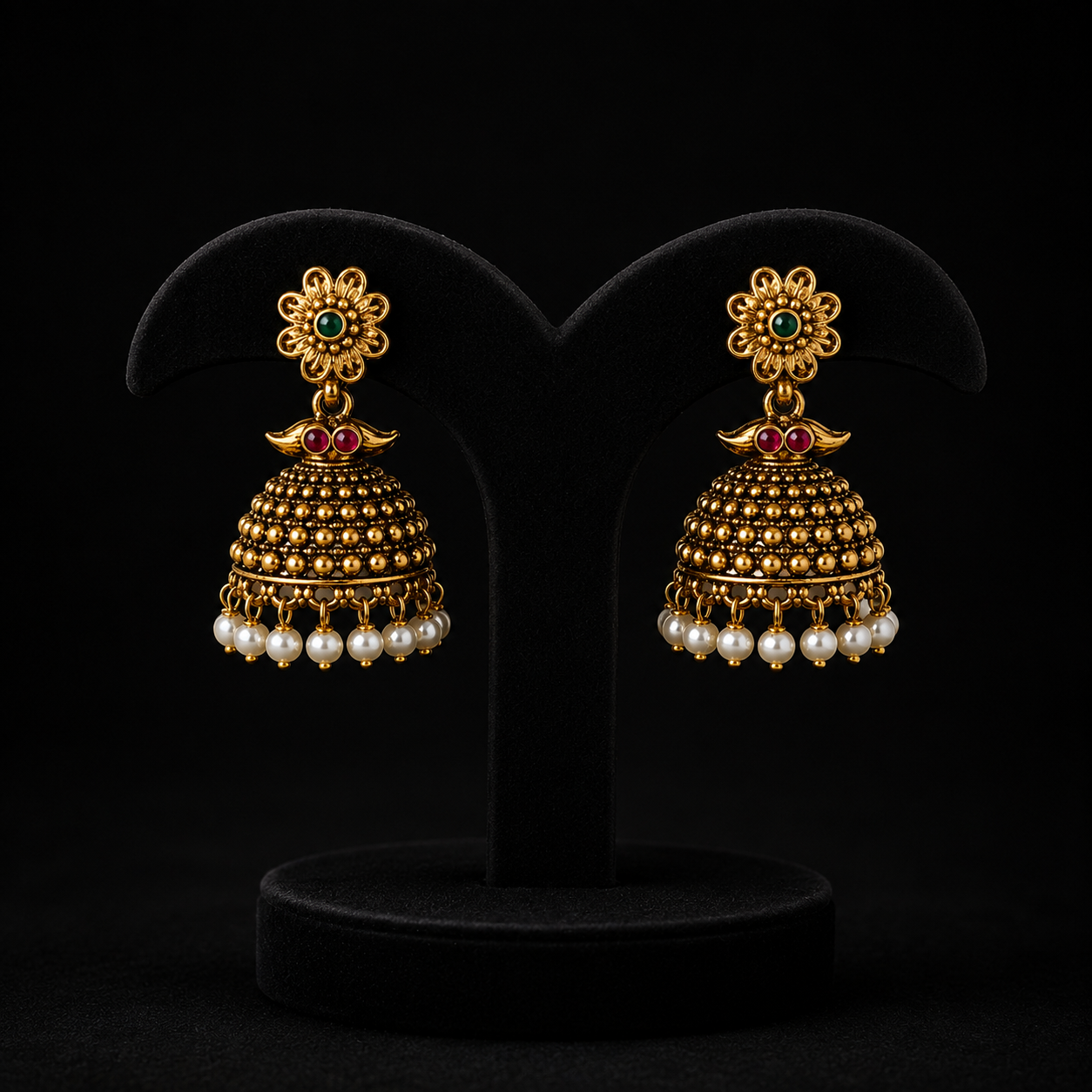 Antique Gold Traditional Jhumka Earrings with Pearl Drops