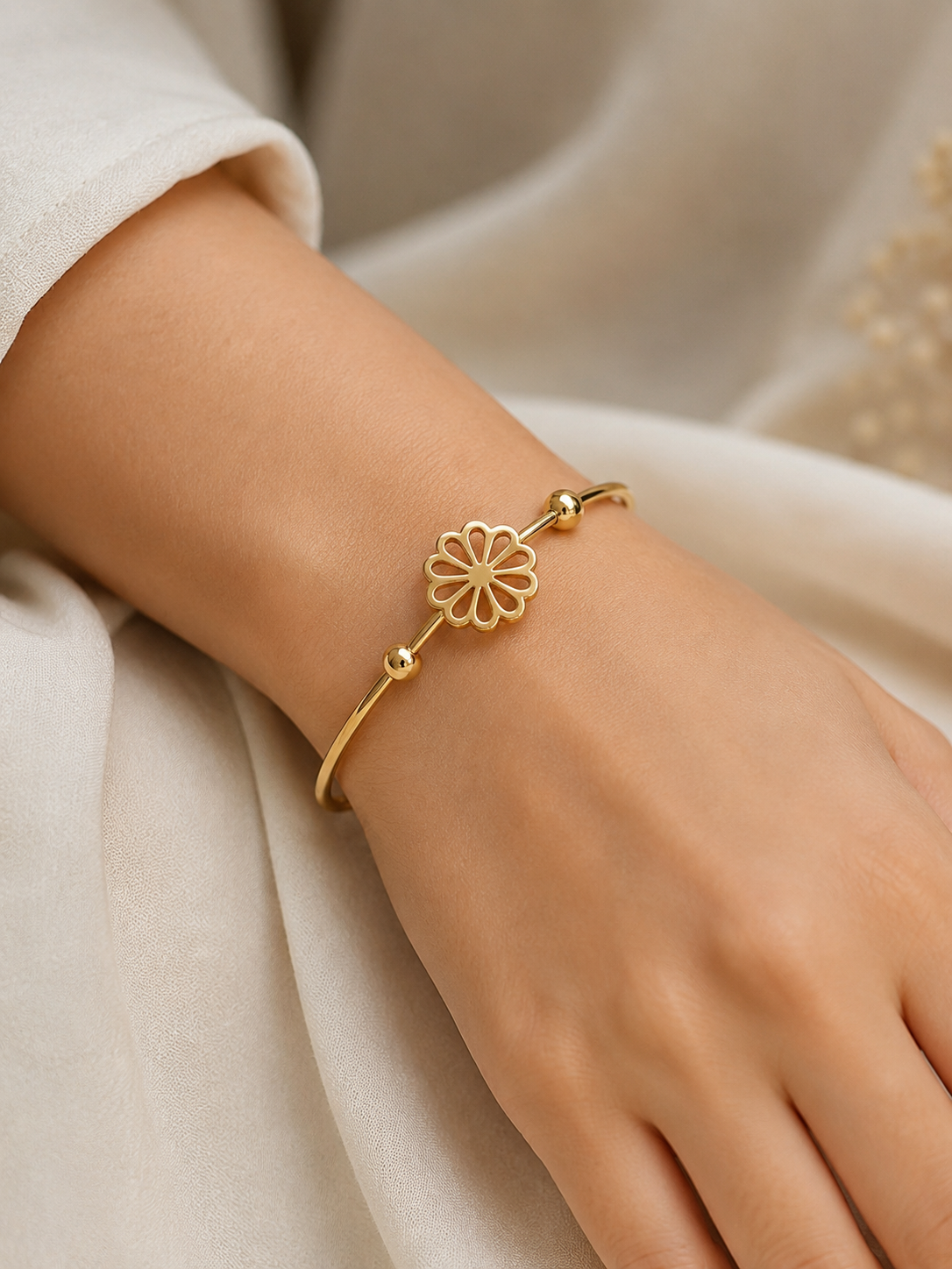 Golden Floral Charm Open Cuff Bracelet for Women