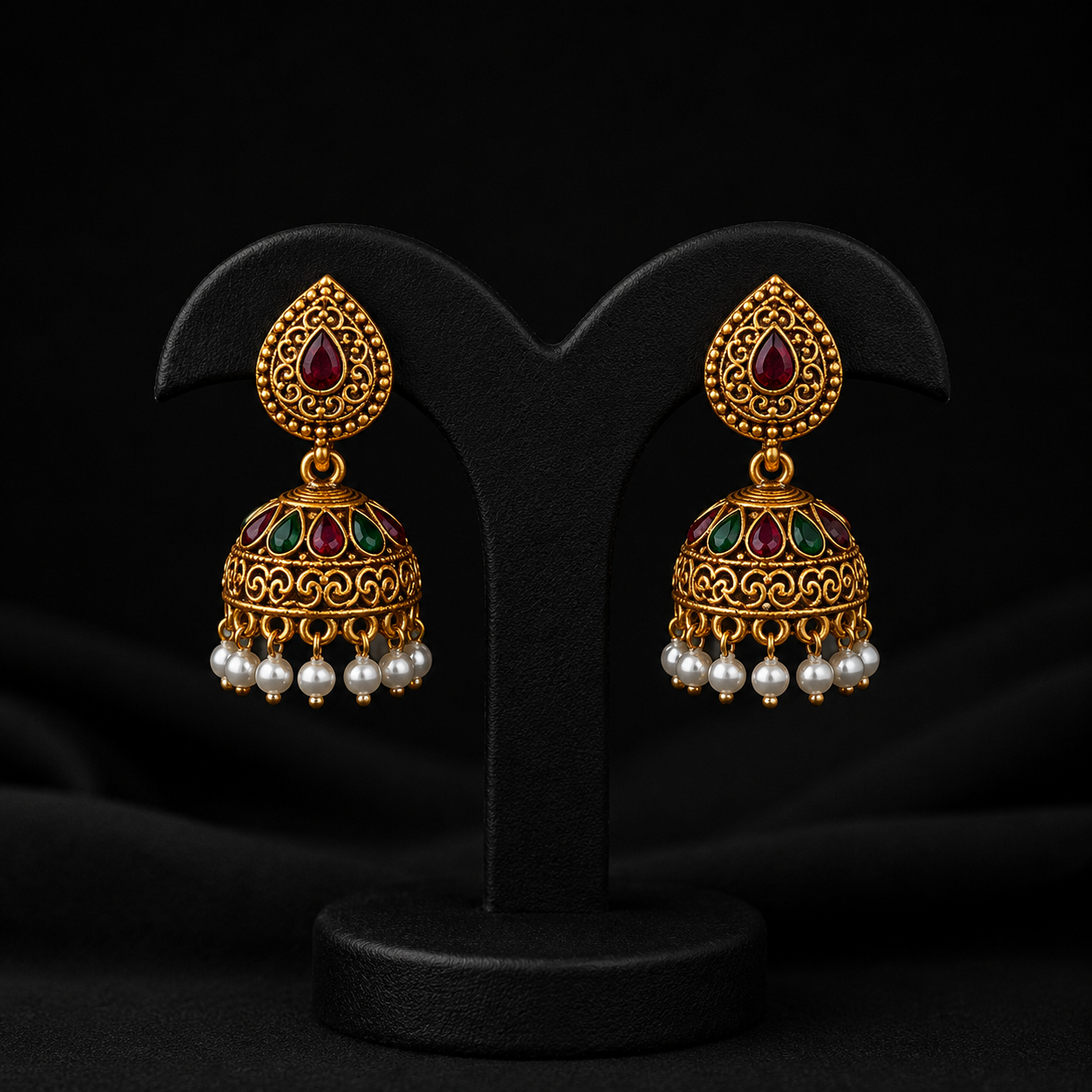 Traditional Antique Gold Jhumka Earrings with Ruby, Emerald & Pearl Drops