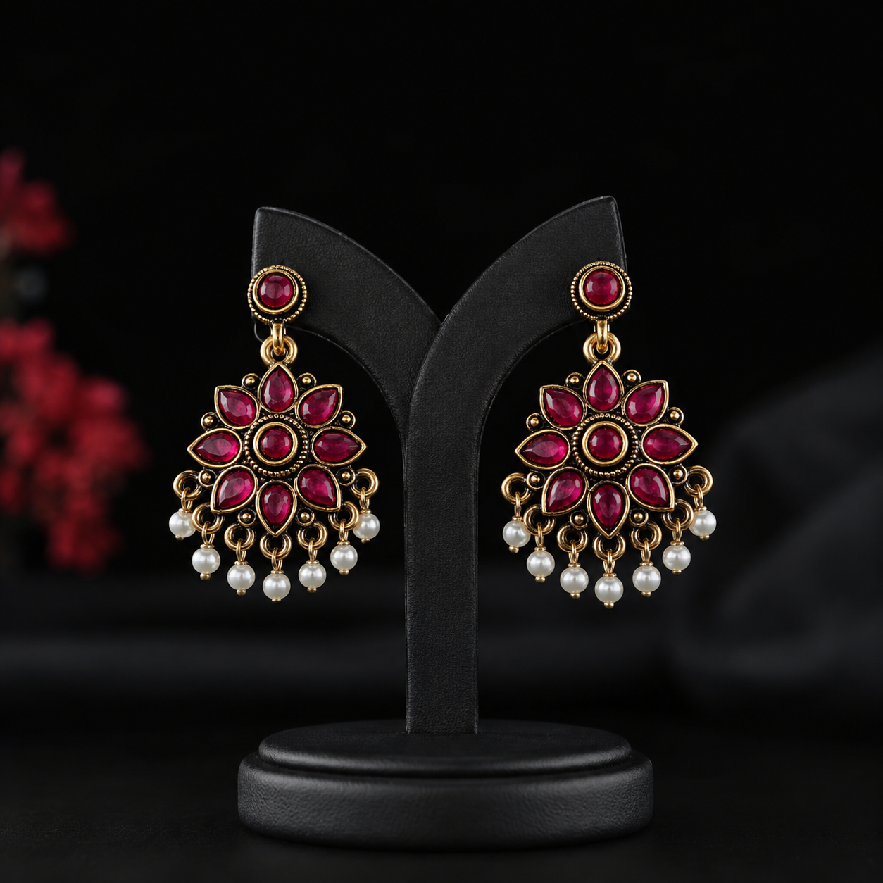 Ruby Red Floral Pearl Drop Earrings – Antique Gold Finish