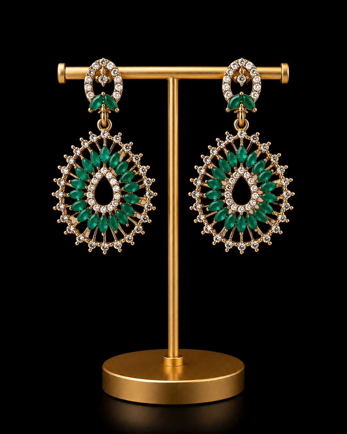 Emerald Green Crystal Teardrop Statement Earrings – Gold Tone