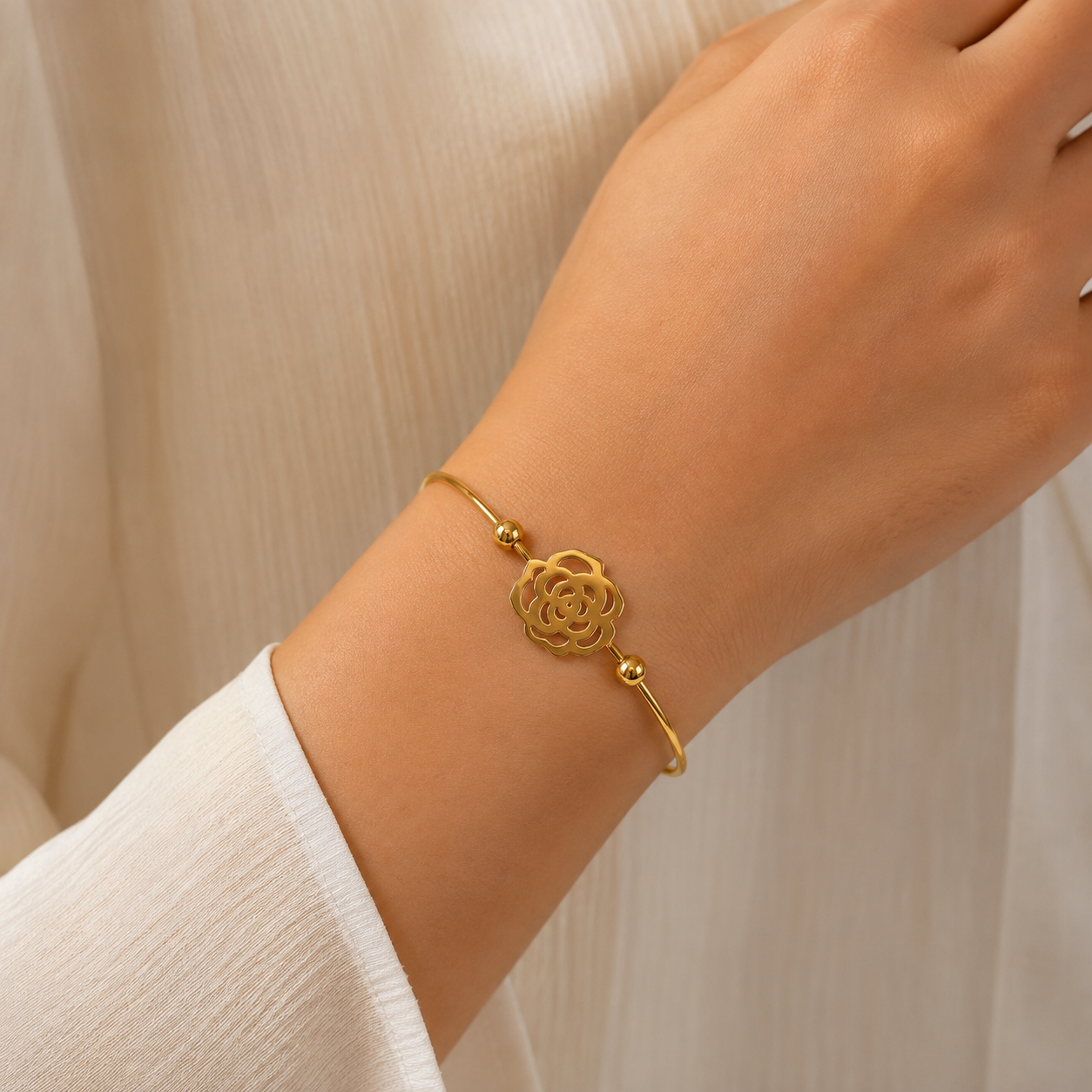 Golden Bloom Floral Open Cuff Bracelet