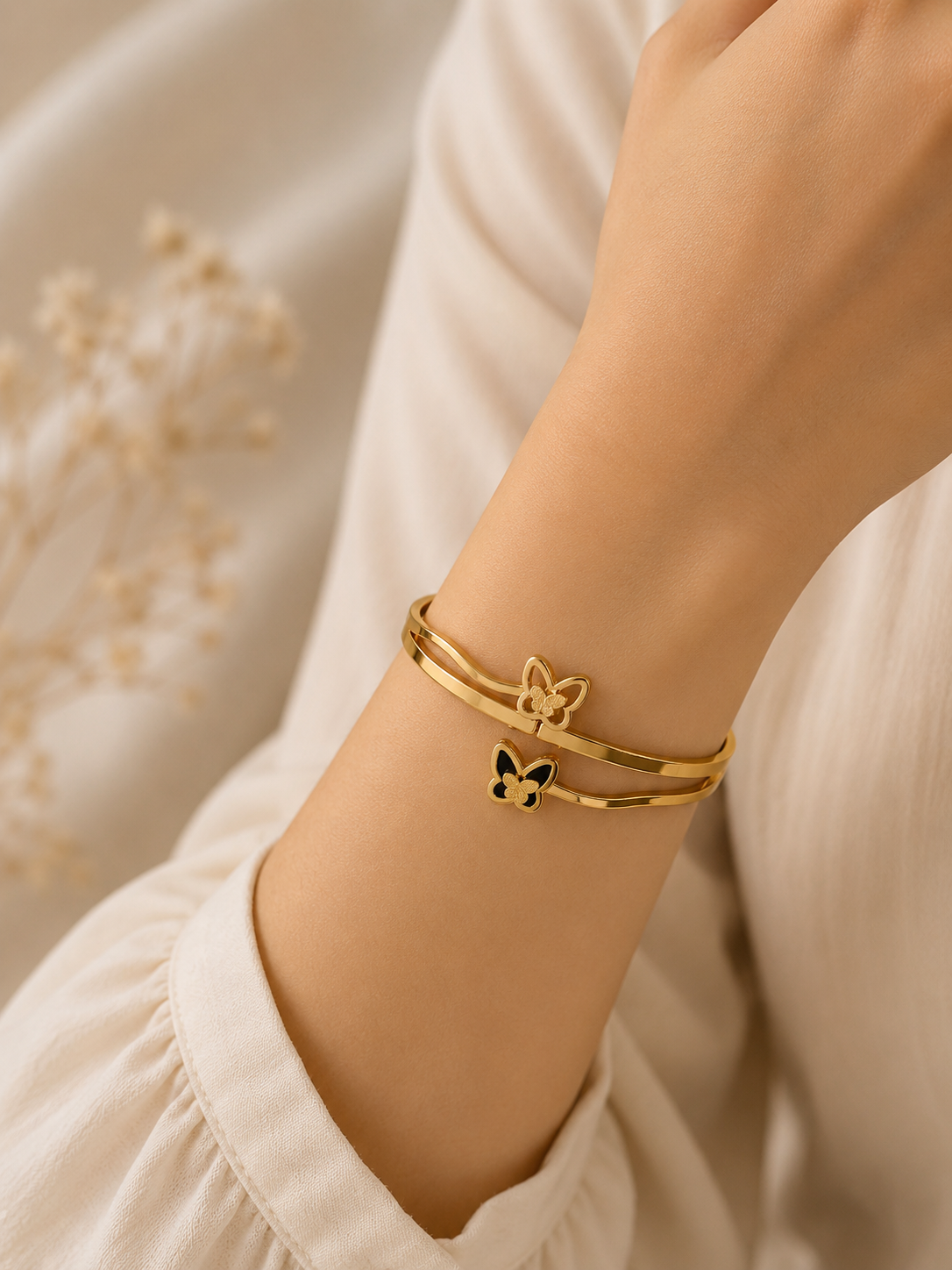 Golden Butterfly Charm Open Cuff Bracelet – Black & White