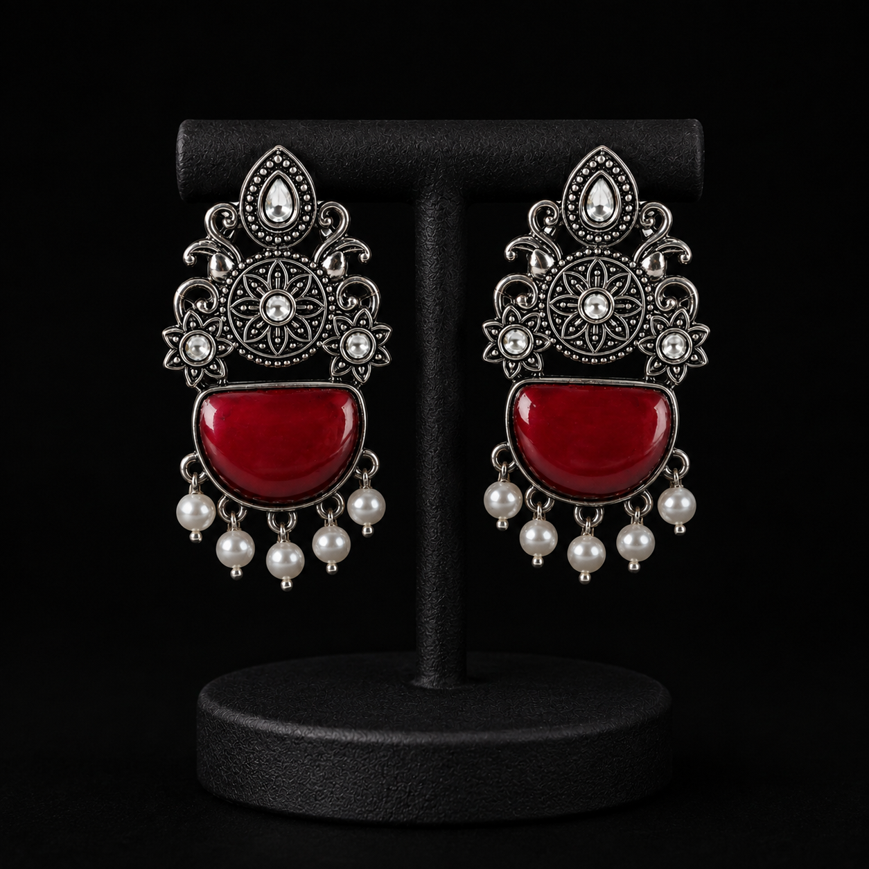 Ruby Red Oxidised Silver Statement Earrings with Pearl Drops