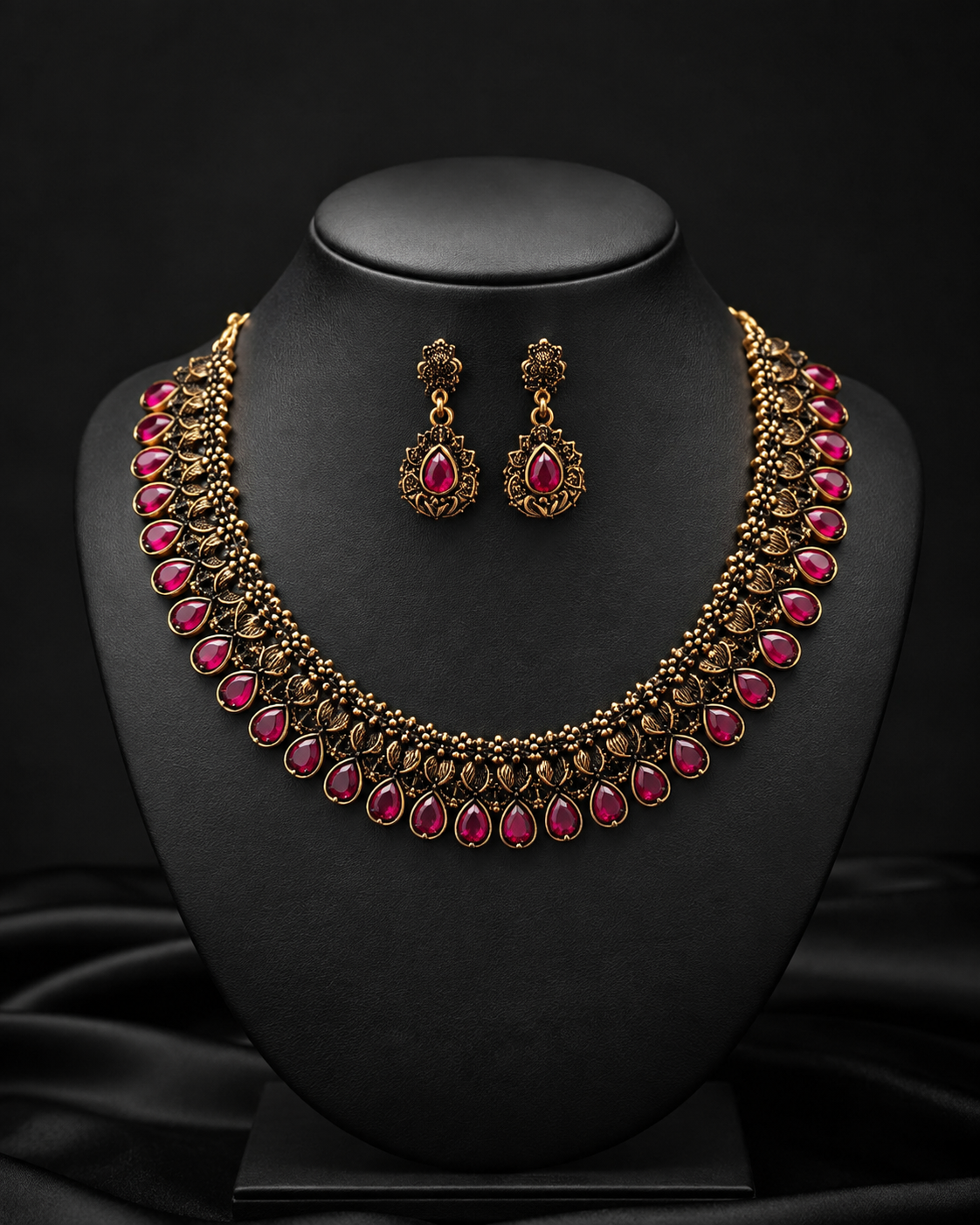 Antique Gold Ruby Red Stone Necklace & Earrings Set