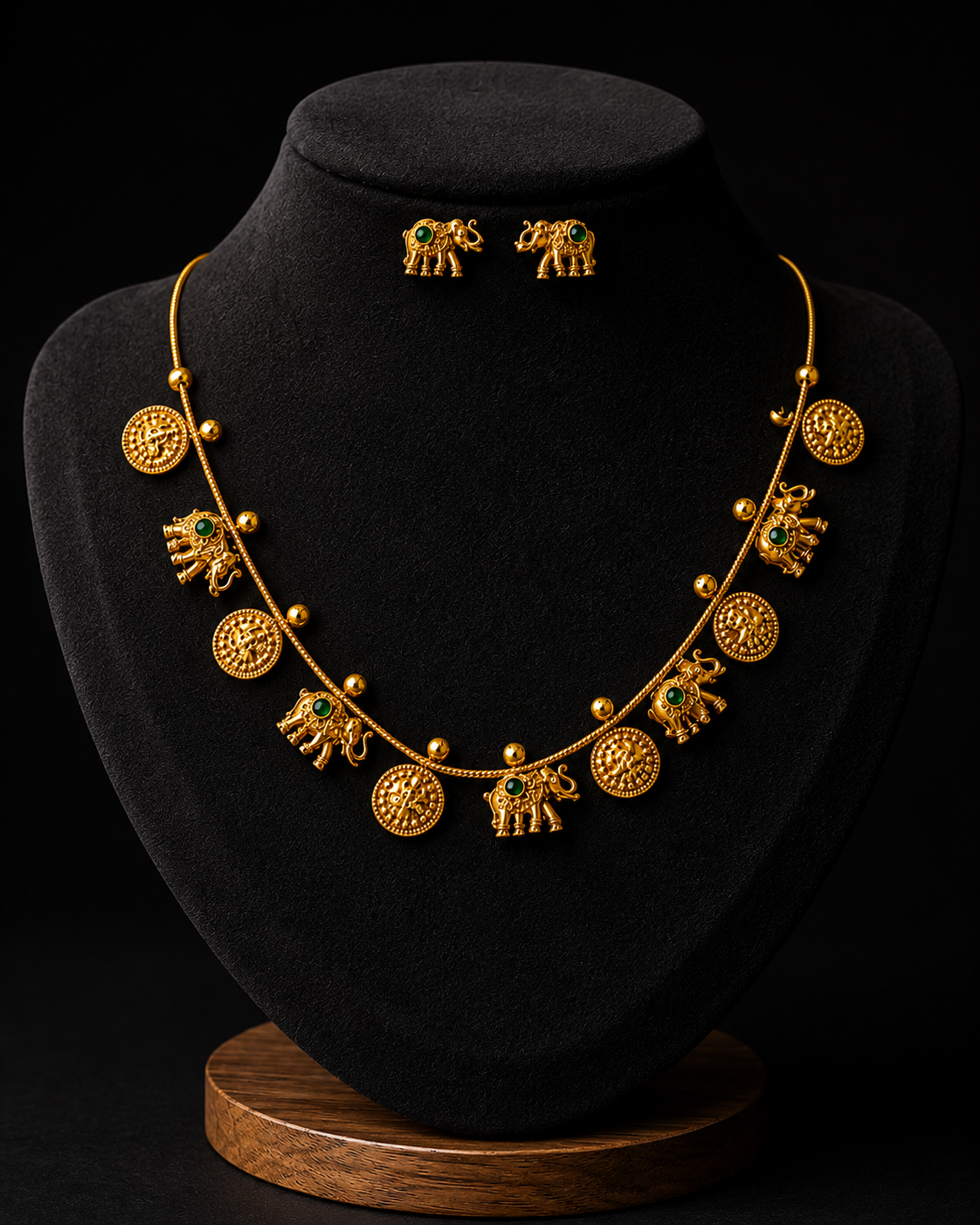 Traditional Elephant Charm Gold-Tone Necklace & Earrings Set with Green Stones