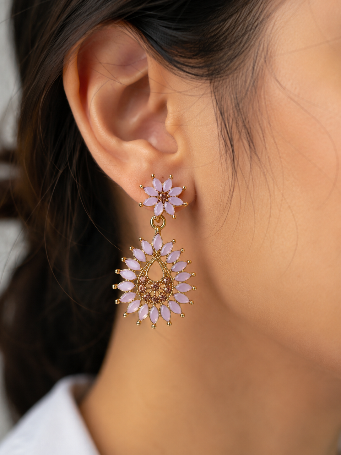 Blush Pink Floral Teardrop Statement Earrings – Gold Tone