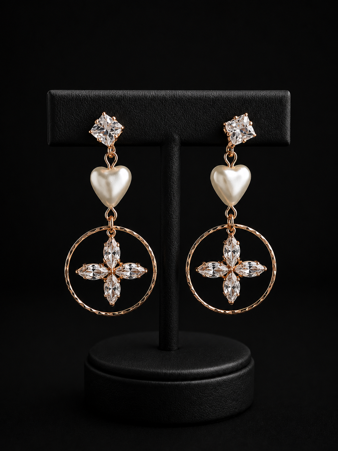 Rose Gold Heart & Crystal Hoop Drop Earrings