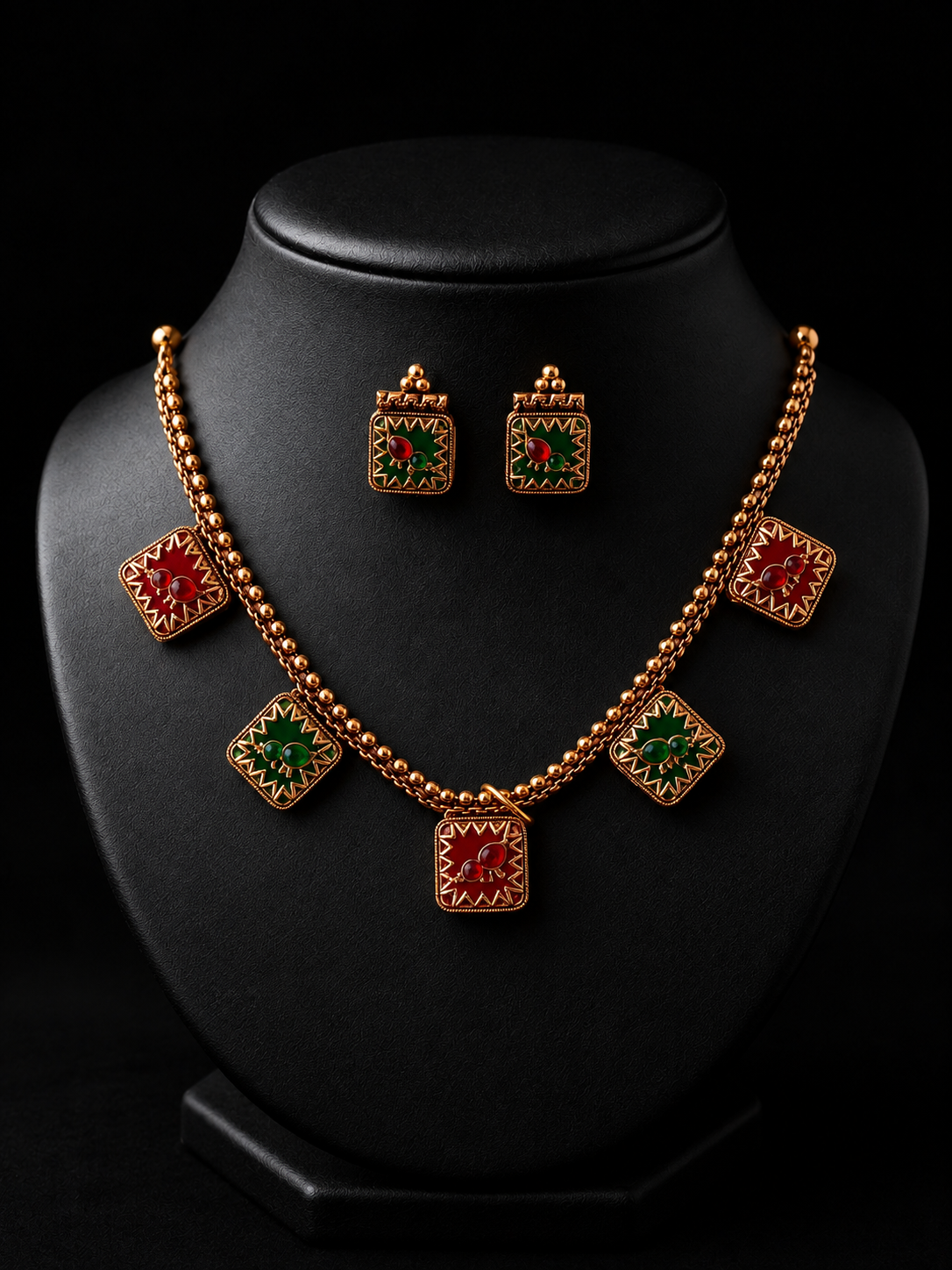 Traditional Red & Green Enamel Charm Necklace Set with Earrings