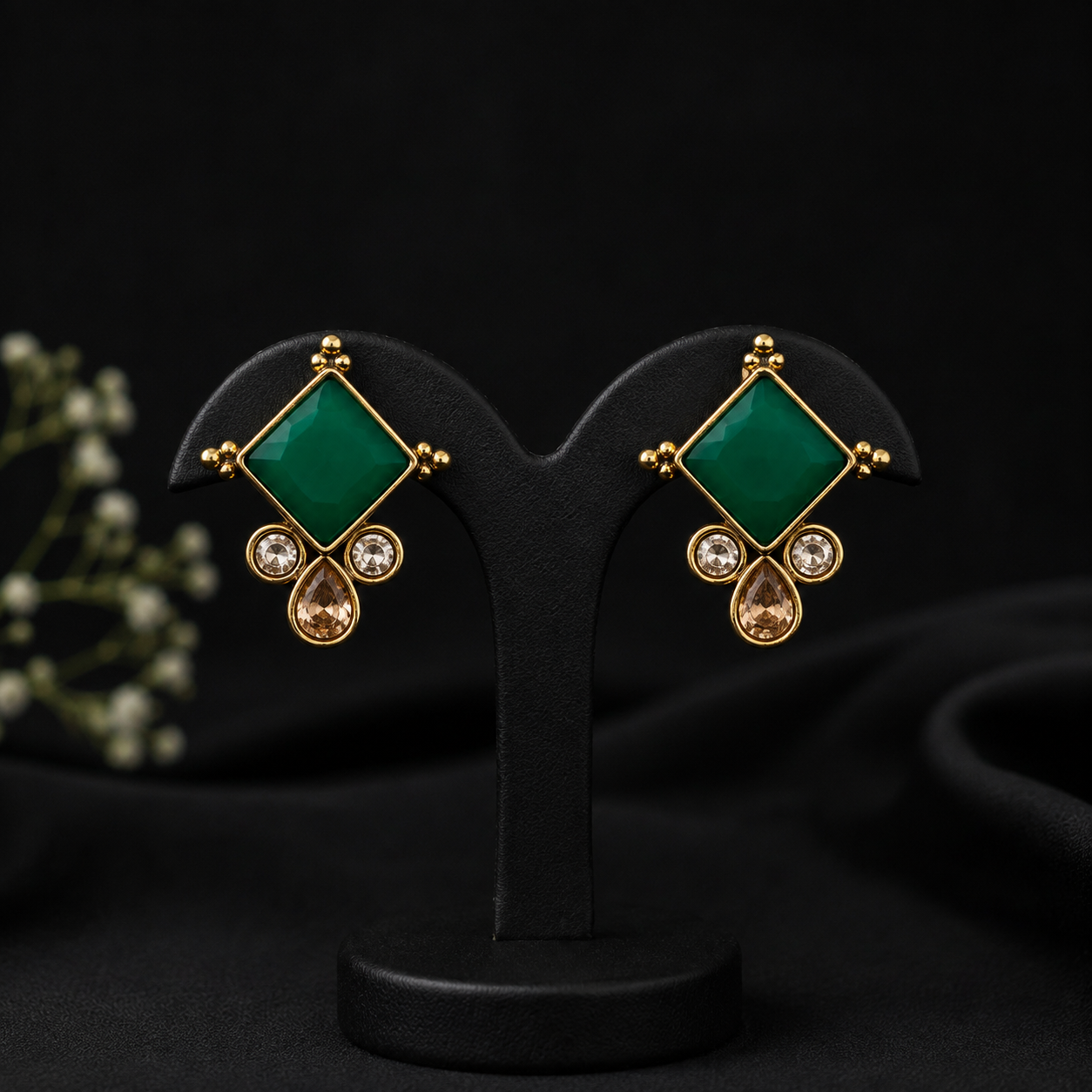 Emerald Green Diamond Stud Earrings – Gold Tone