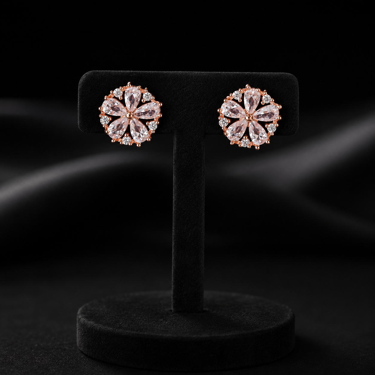 Rose Gold Floral Crystal Stud Earrings – Pink Petal Design