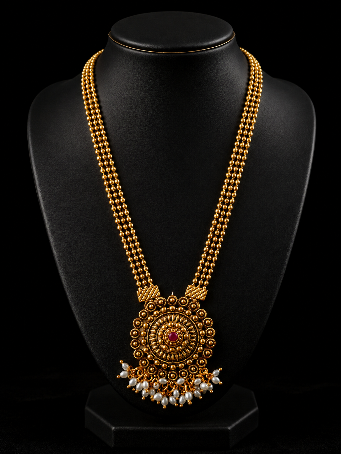 Antique Gold Multi-Layer Beaded Long Necklace with Temple Pendant & Pearl Drops