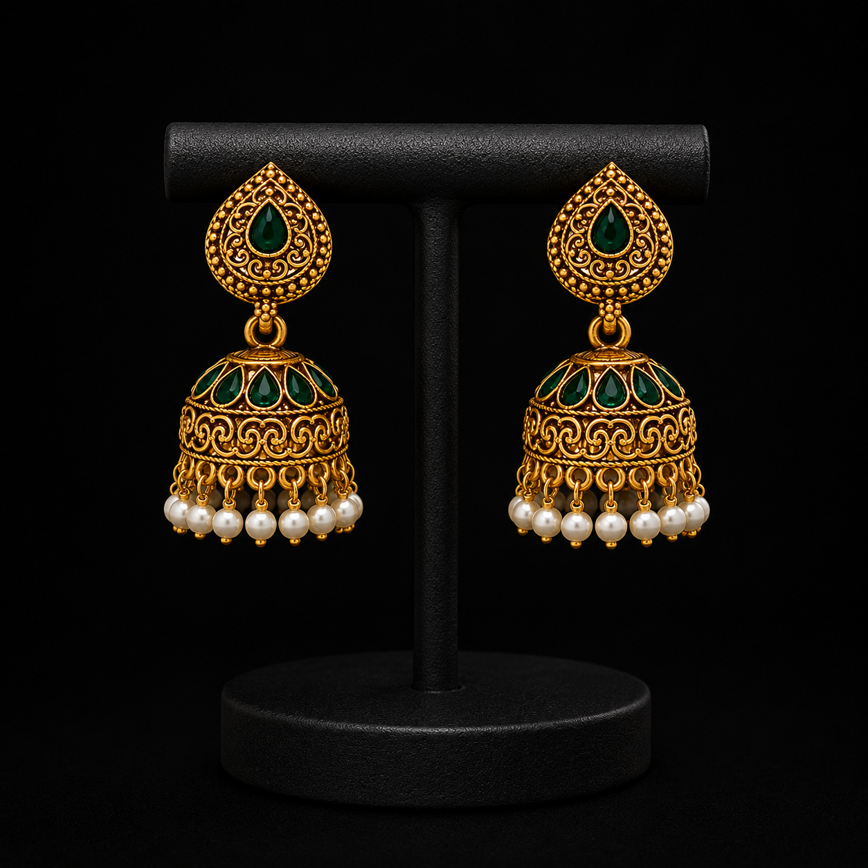 Emerald Green Antique Gold Jhumka Earrings with Pearl Drops