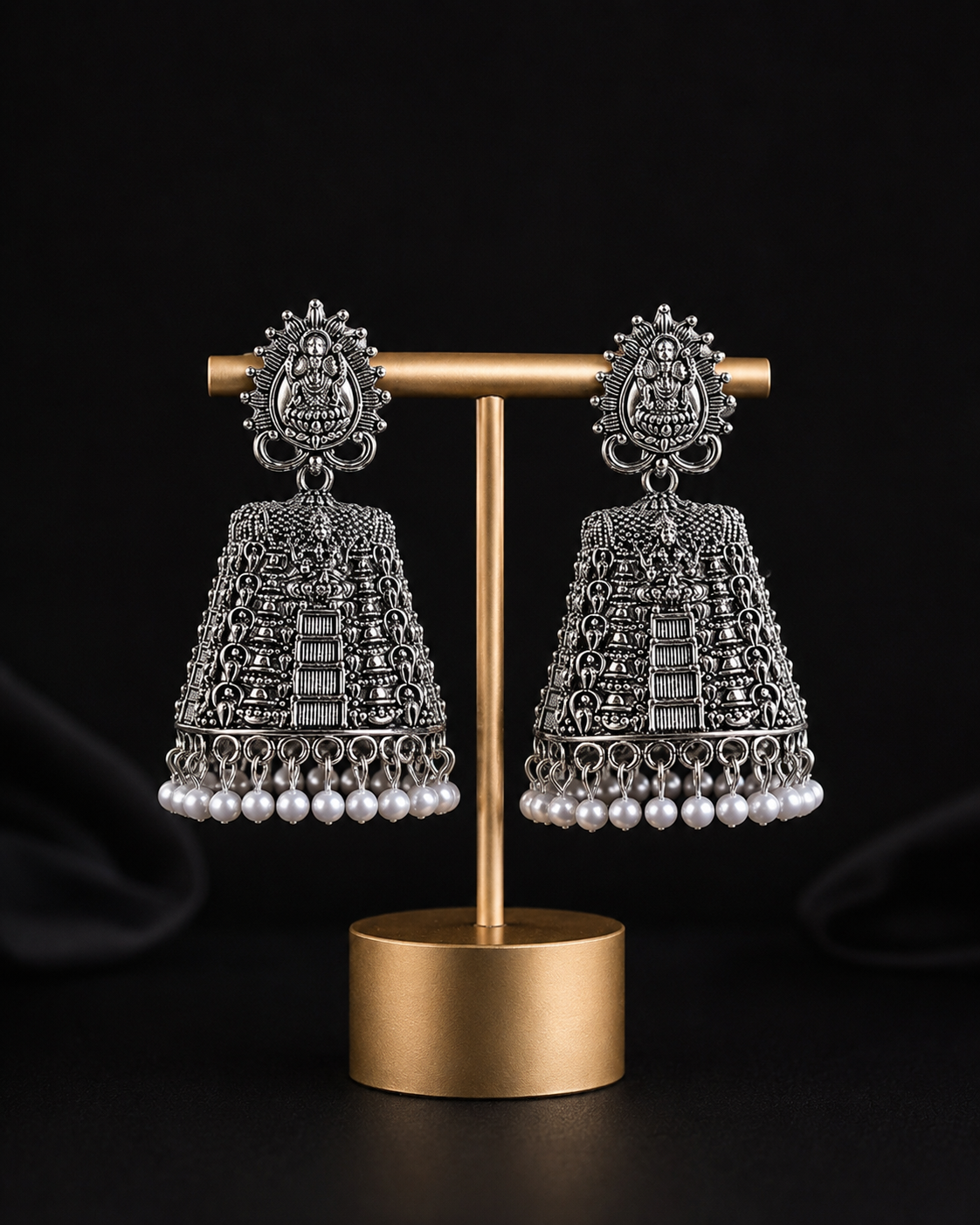 Oxidised Silver Temple Jhumka Earrings with Pearl Drops