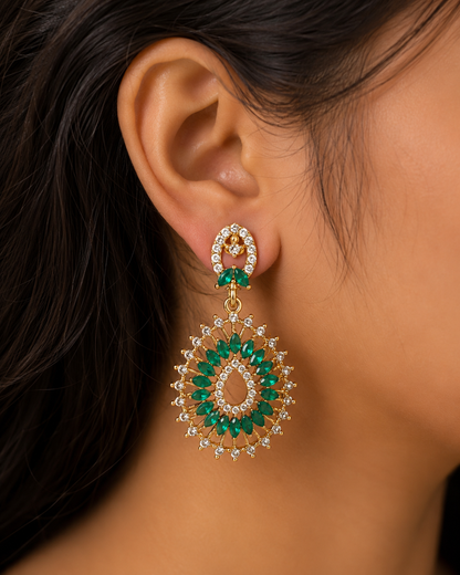 Emerald Green Crystal Teardrop Statement Earrings – Gold Tone