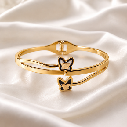Golden Butterfly Open Cuff Bracelet – Black Enamel Design