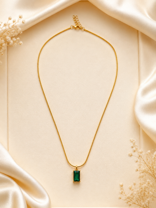 Emerald Green Solitaire Pendant Necklace | Gold-Tone Minimalist Chain