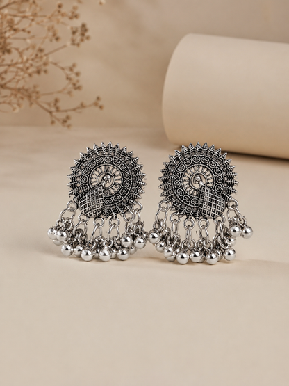Oxidised Silver Peacock Ghungroo Stud Earrings