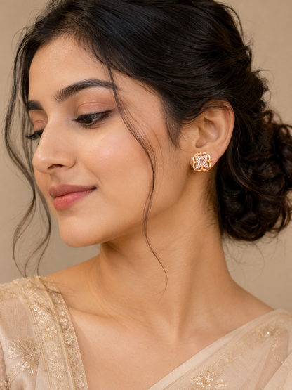 Luxury Gold-Plated Floral Stud Earrings with Crystal Stone