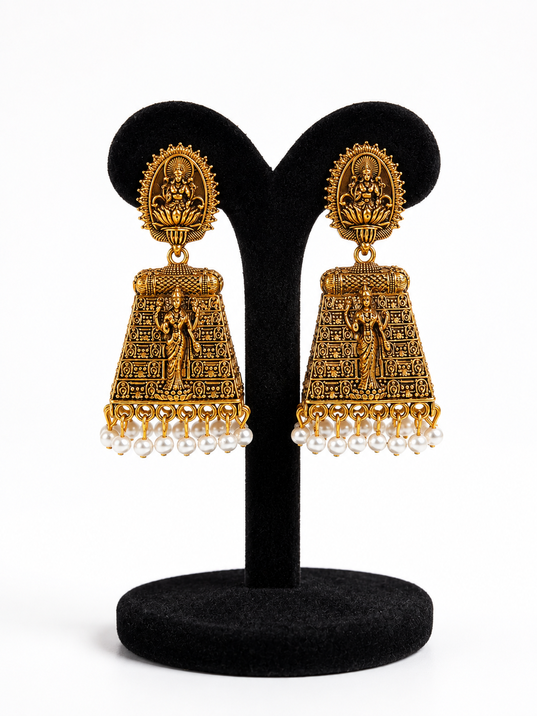 Antique Gold Temple Jhumka Earrings with Pearl Drops