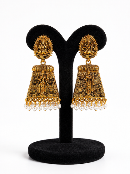 Antique Gold Temple Jhumka Earrings with Pearl Drops