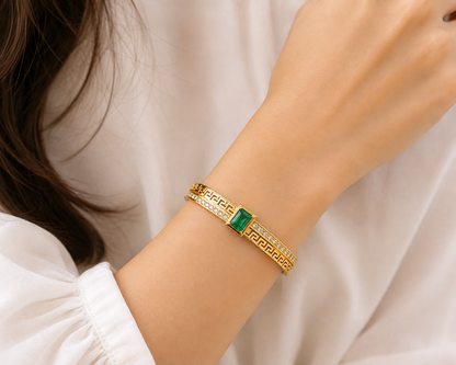 Emerald Green Stone Gold-Plated Crystal Kada Bracelet