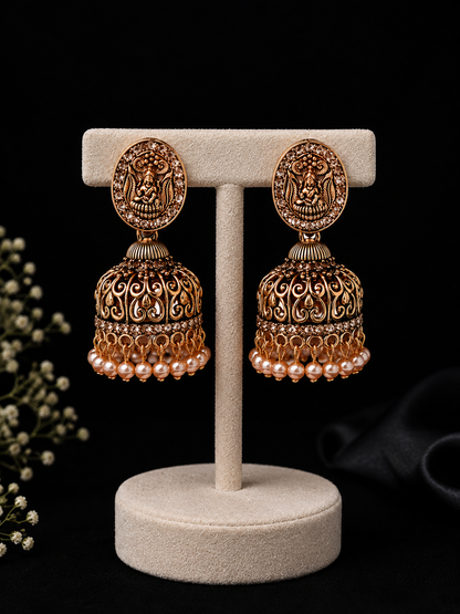 Antique Gold Temple Jhumka Earrings with Pearl Drops