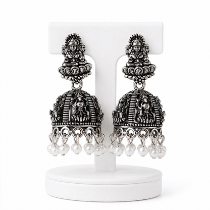 Temple Goddess Oxidised Silver Jhumka Earrings with Pearl Drops