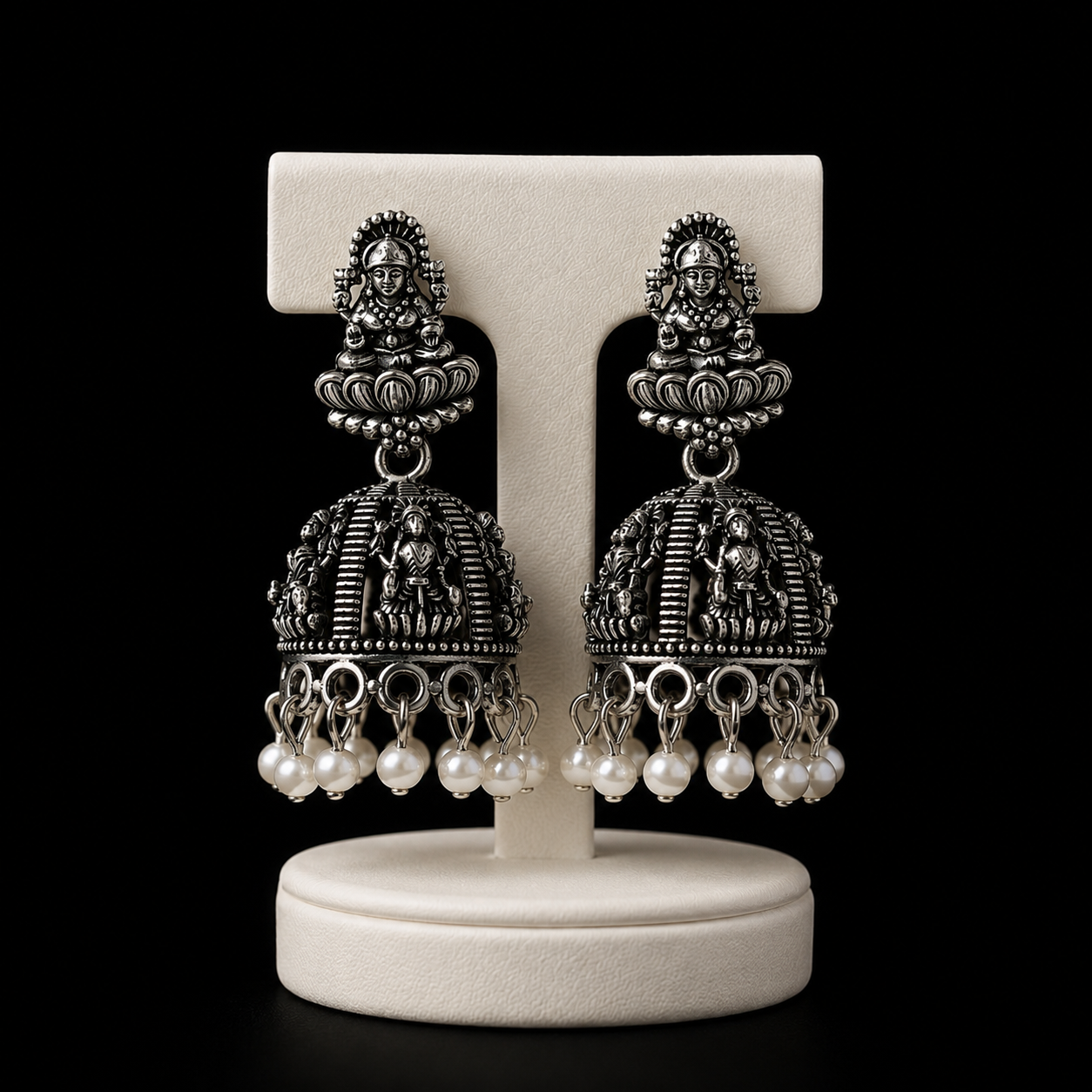 Temple Goddess Oxidised Silver Jhumka Earrings with Pearl Drops