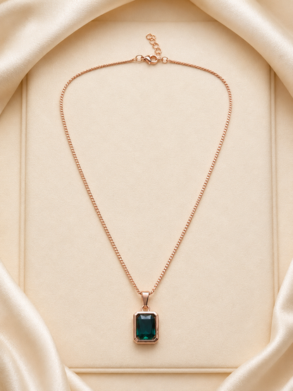 Emerald Green Rectangle Pendant Necklace | Rose Gold Plated Minimalist Chain
