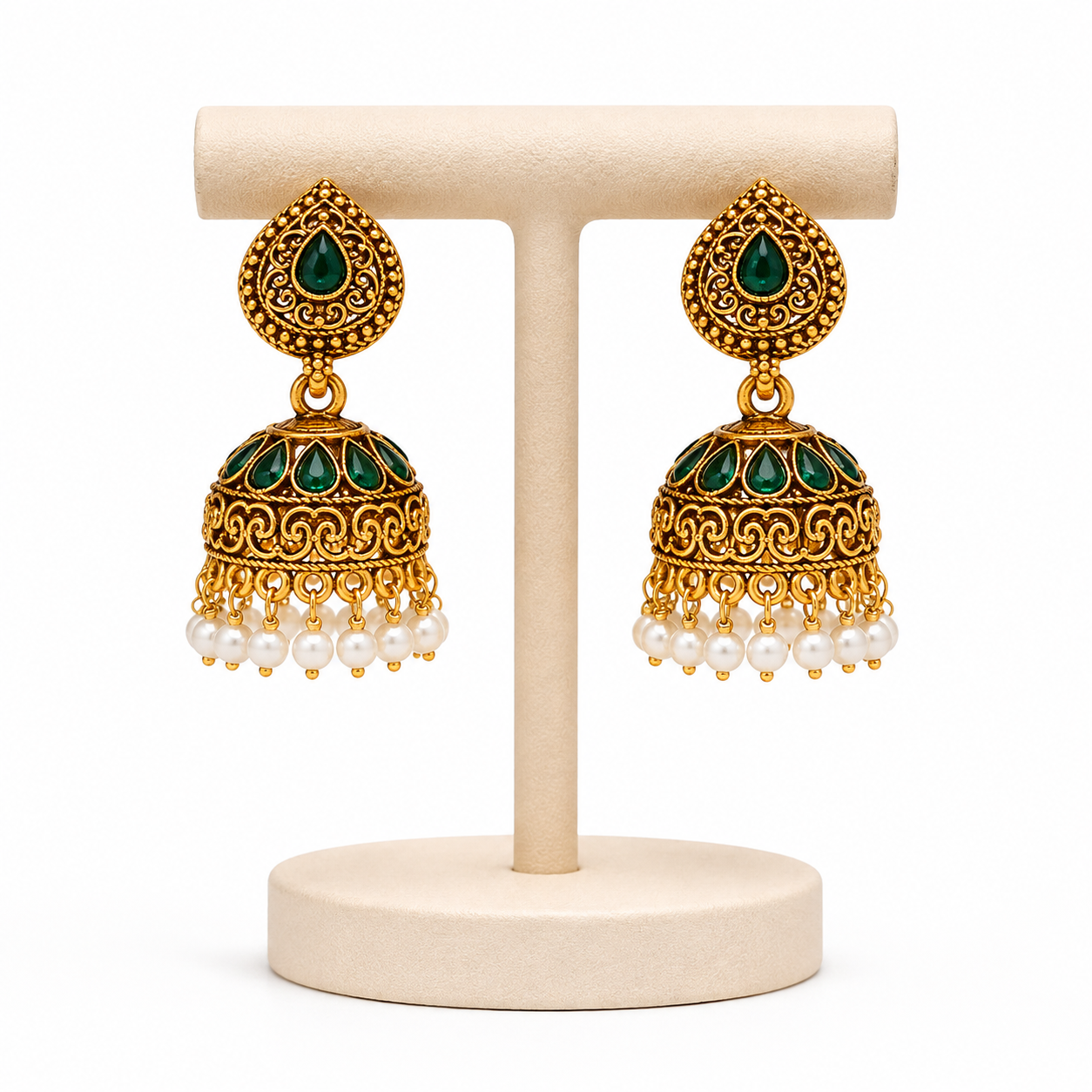 Emerald Green Antique Gold Jhumka Earrings with Pearl Drops