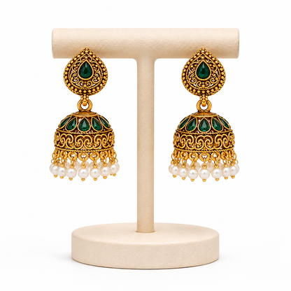 Emerald Green Antique Gold Jhumka Earrings with Pearl Drops