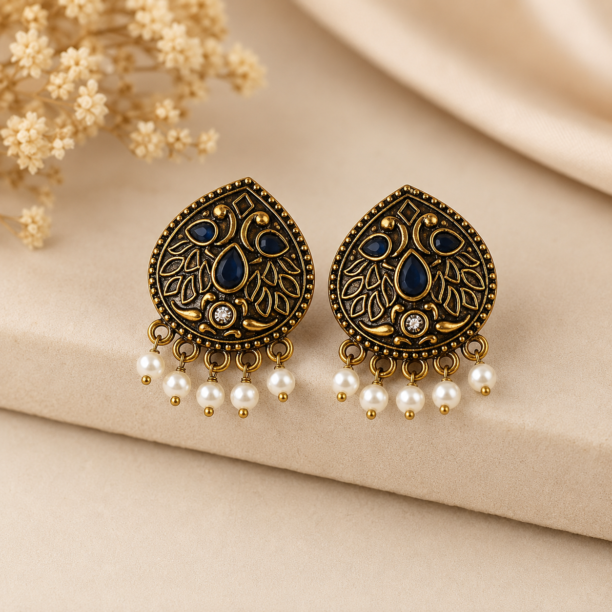 Royal Blue Antique Gold Pearl Drop Earrings
