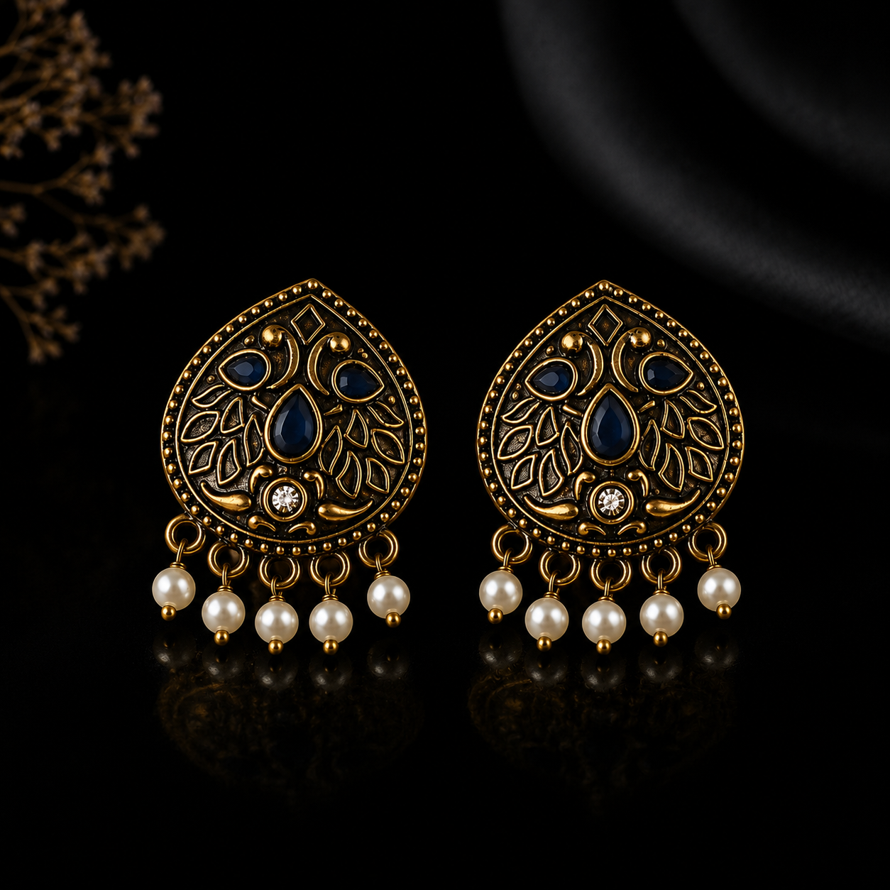 Royal Blue Antique Gold Pearl Drop Earrings