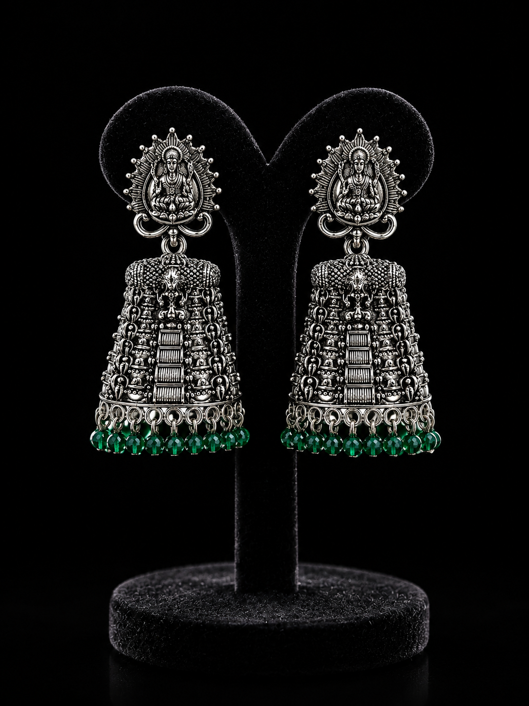 Oxidised Silver Temple Jhumka Earrings with Green Beads