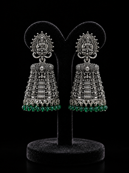 Oxidised Silver Temple Jhumka Earrings with Green Beads