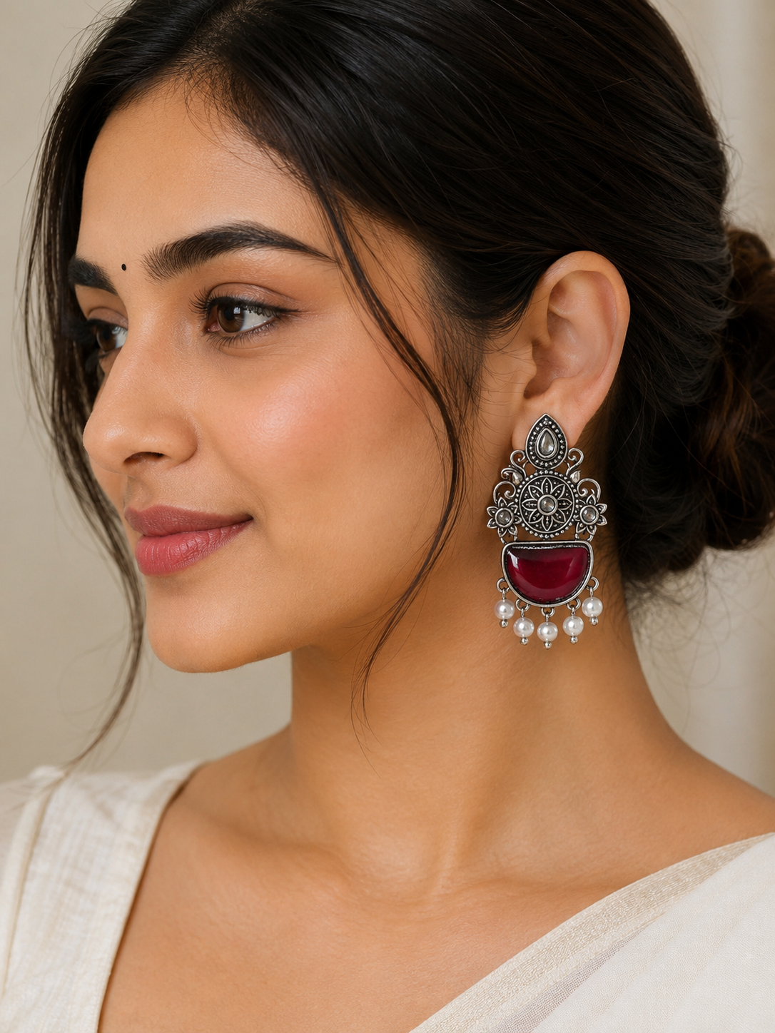 Ruby Red Oxidised Silver Statement Earrings with Pearl Drops