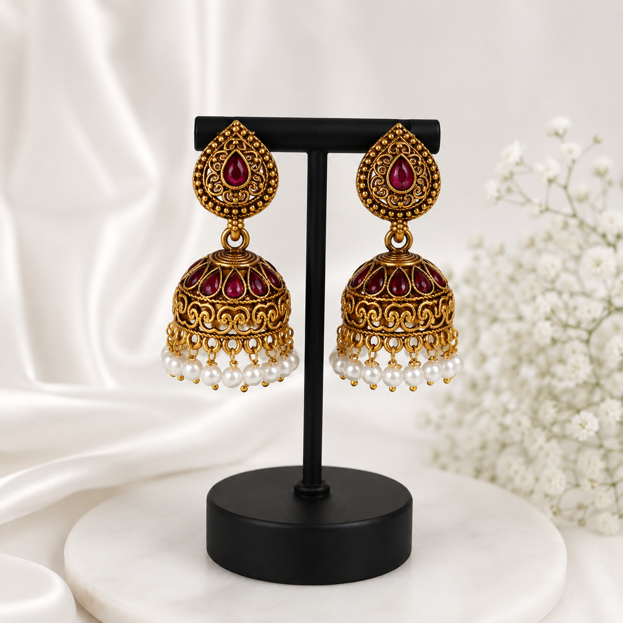 Queenboxo Royal Ruby Antique Gold Jhumka Earrings with Pearl Drops