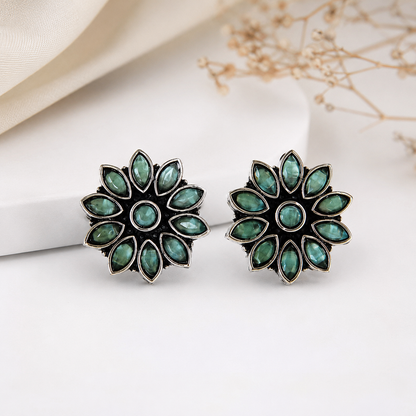 Emerald Green Floral Oxidised Silver Stud Earrings