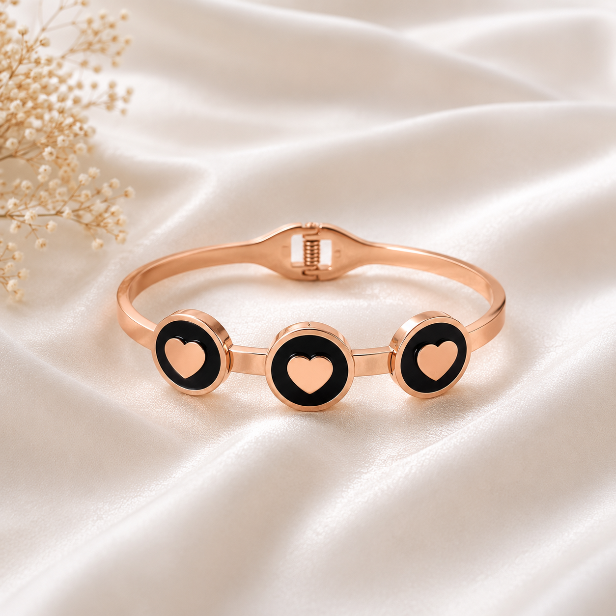 Rose Gold Triple Heart Black Enamel Bracelet