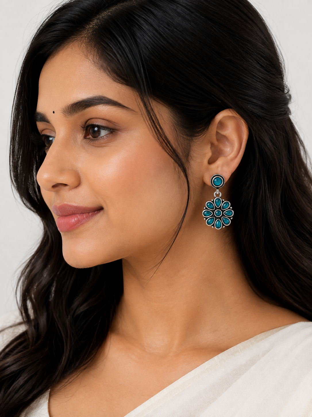 Turquoise Floral Oxidised Silver Drop Earrings