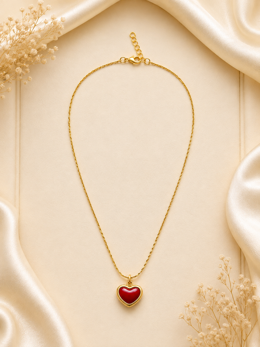 Red Heart Pendant Necklace | Elegant Gold-Tone Chain for Women