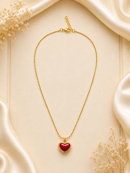 Red Heart Pendant Necklace | Elegant Gold-Tone Chain for Women