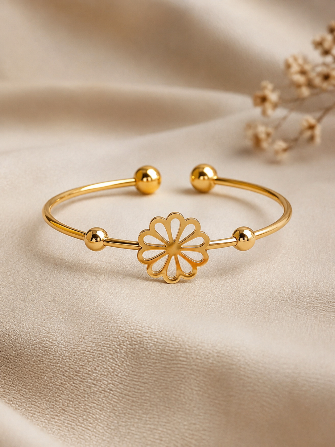 Golden Floral Charm Open Cuff Bracelet for Women